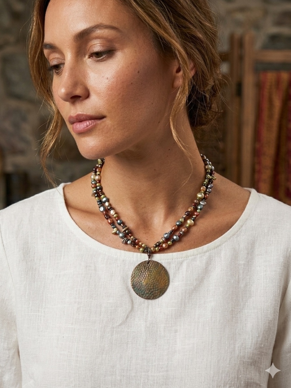 Artisan made Multicolor freshwater, pearl antique necklace, brass pendant